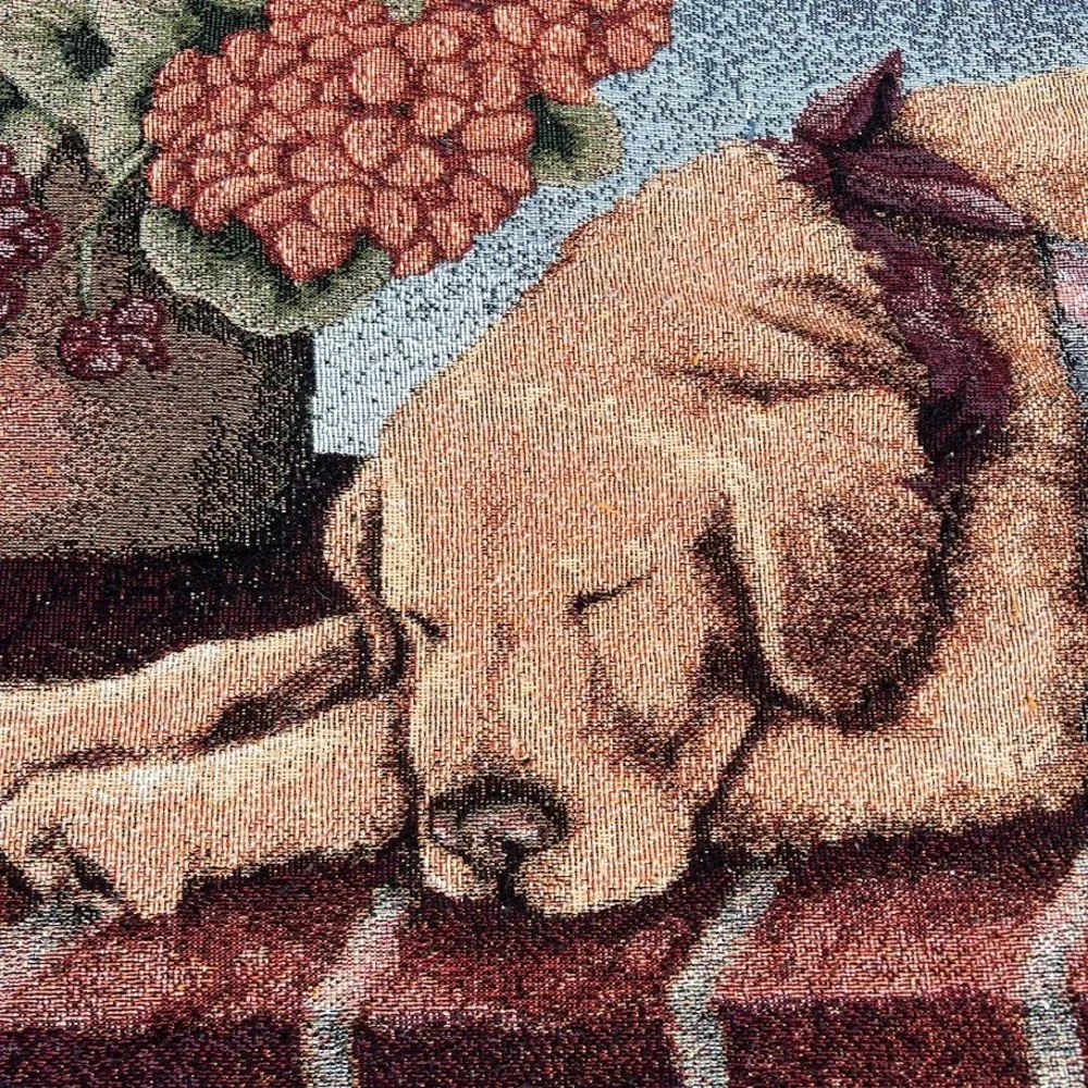 Vintage Dog and Cat Cuddling on Brick Porch Floral Woven Tapestry Blanket Throw